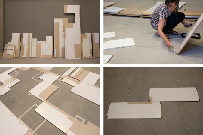 ”Uden titel”, midlertidige kompositioner, Godsbanen Aarhus, 2013, laminatplader, tape, maling